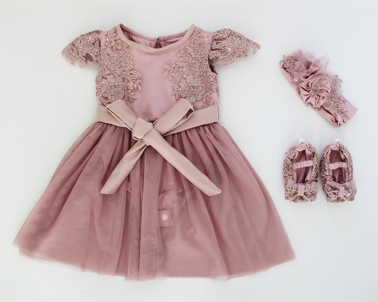 Emily Mauve Pink Lace Dress/Romper (headband included, shoes excluded)