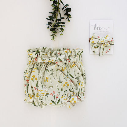 Fern Green Blossoms Frilly high waist Bloomer with bow (headband + onesie sold separately)