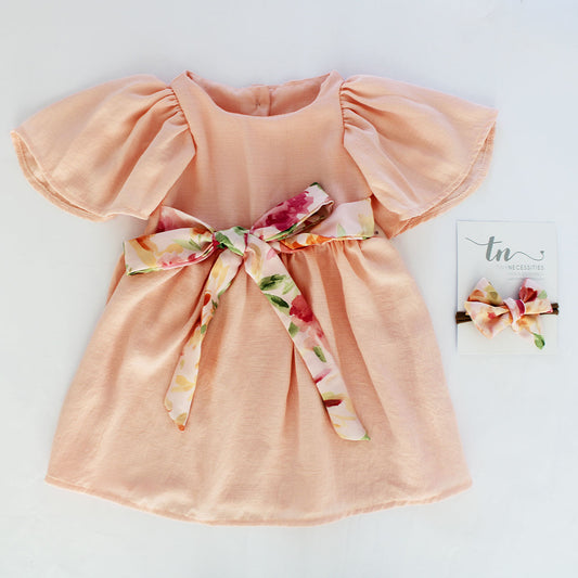 Bell Dress - Soft Peach with wild roses belt