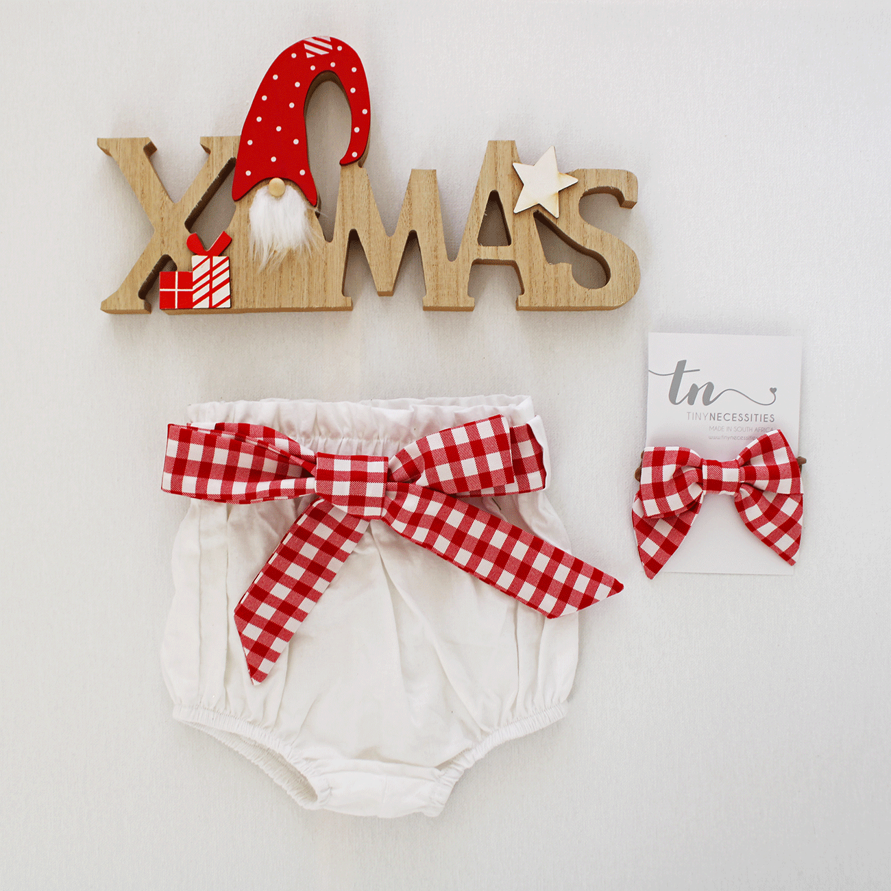 White High waist Bloomer with Red/White Check Belt (headband + onesie sold separately)