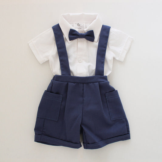 Denim Blue Suspender shorts (bow tie + onesie sold separately)