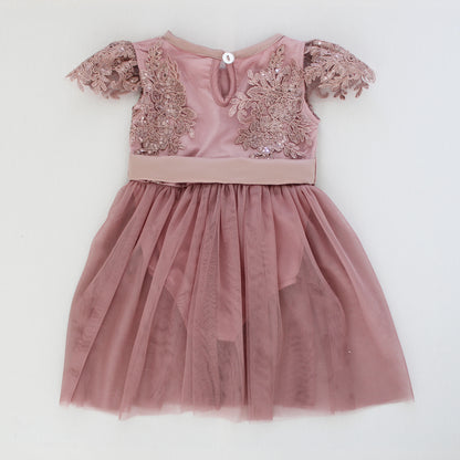 Emily Mauve Pink Lace Dress/Romper (headband included, shoes excluded)