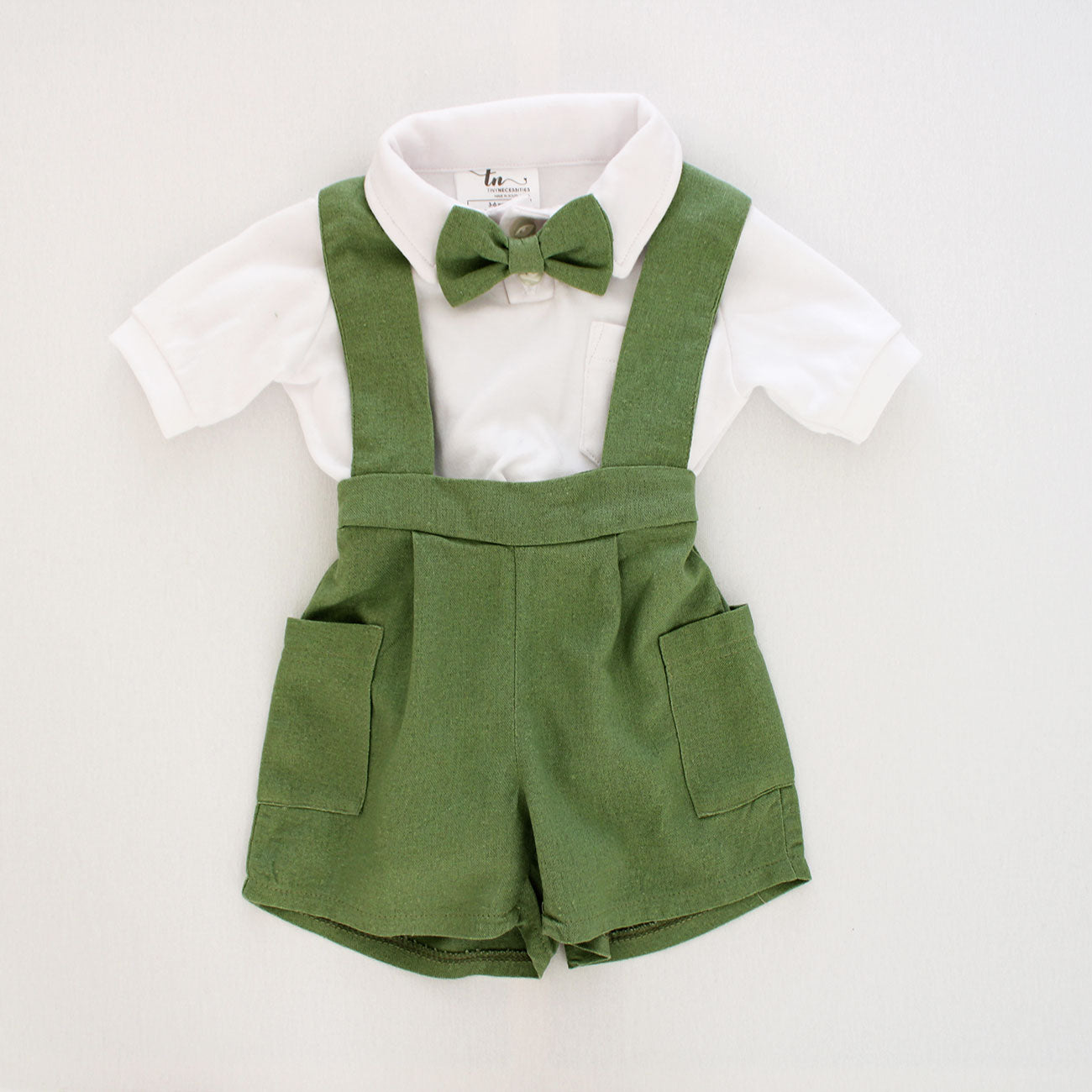 Olive Green Suspender shorts (bow tie + onesie sold separately)