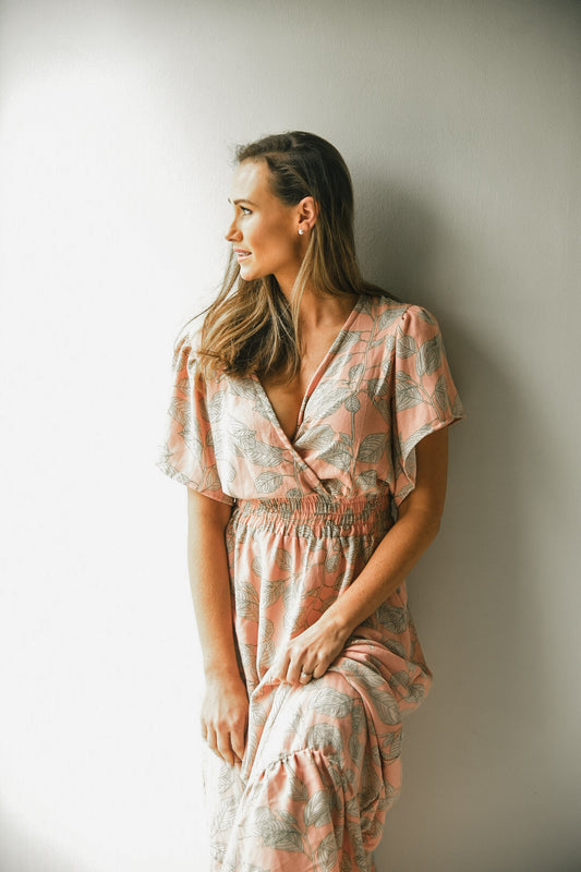 Womens Short Sleeve Maxi Tier Dress - Coral Green Floral