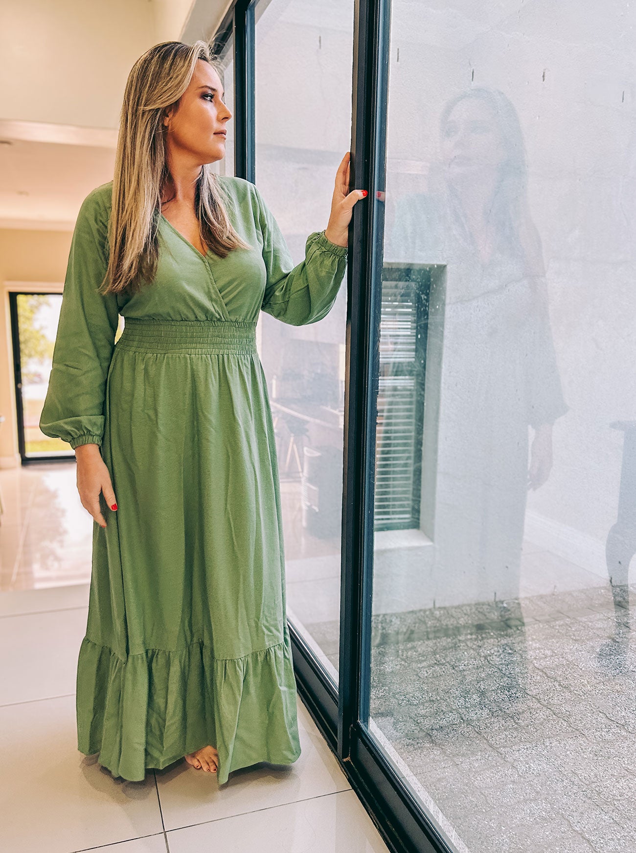 Womens Long Sleeve Maxi Tier Dress - Olive Green