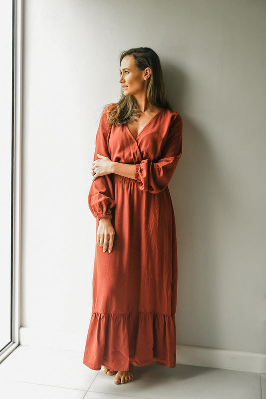 Womens Long Sleeve Maxi Tier Dress - Rust