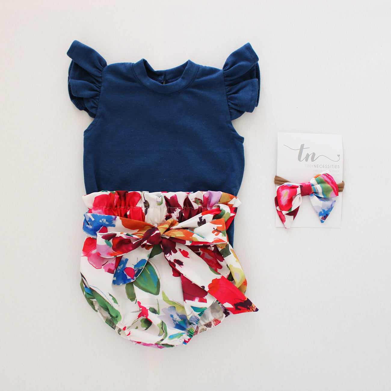 Short Sleeve Frilly Onesie - Midnight Blue (bloomer + headband sold separately)