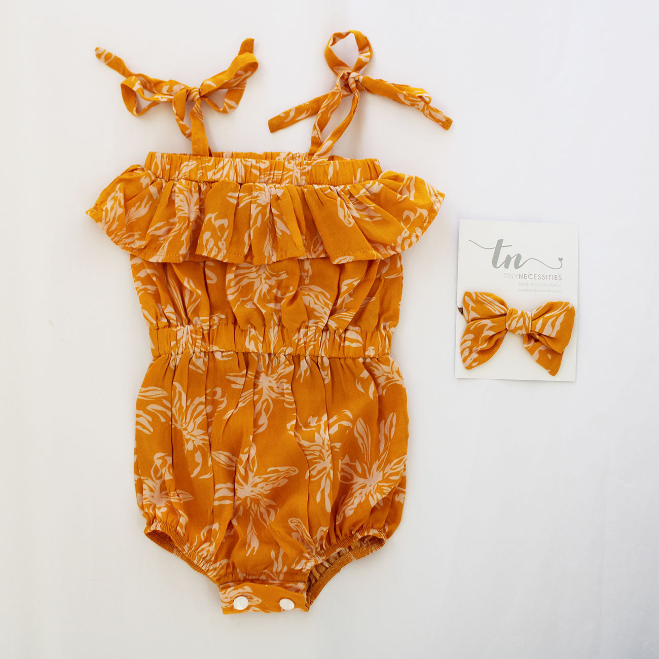 Tie Strap Romper - Mustard Florals (headband sold separately)