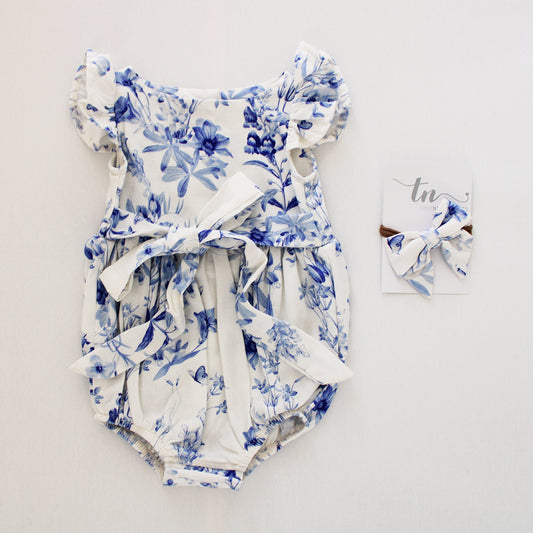 Harper Floral Romper - Psalm White/Blue (headband sold separately)