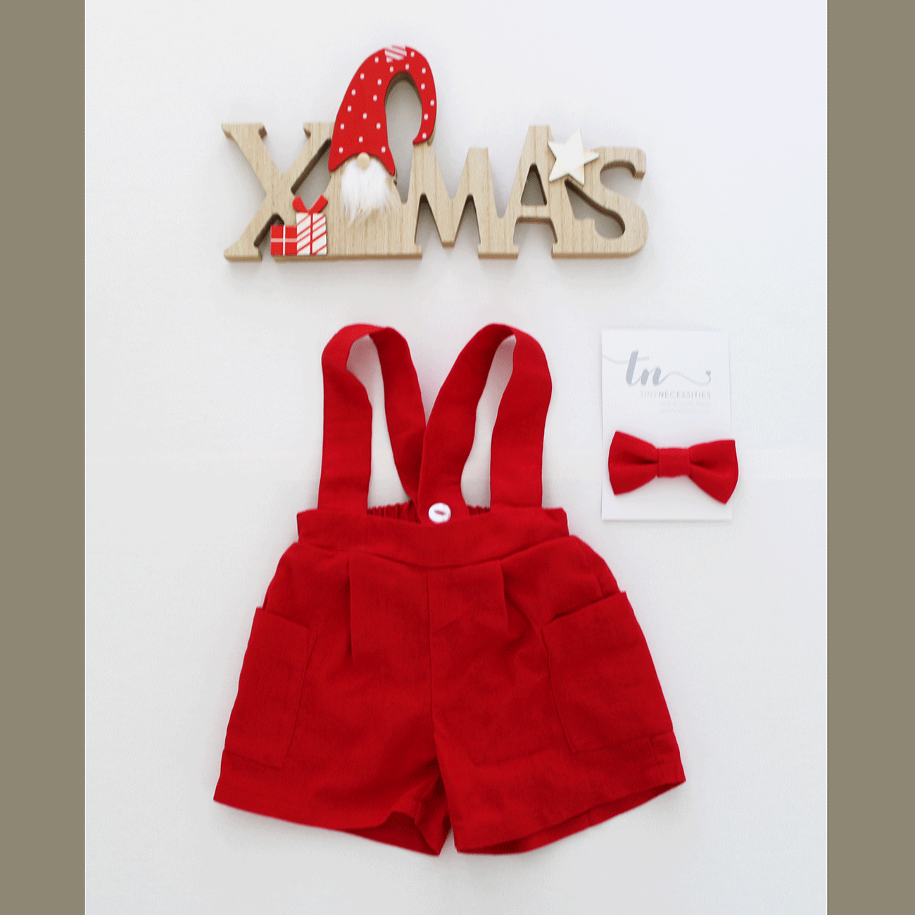 Red Suspender shorts (bow tie + onesie sold separately)