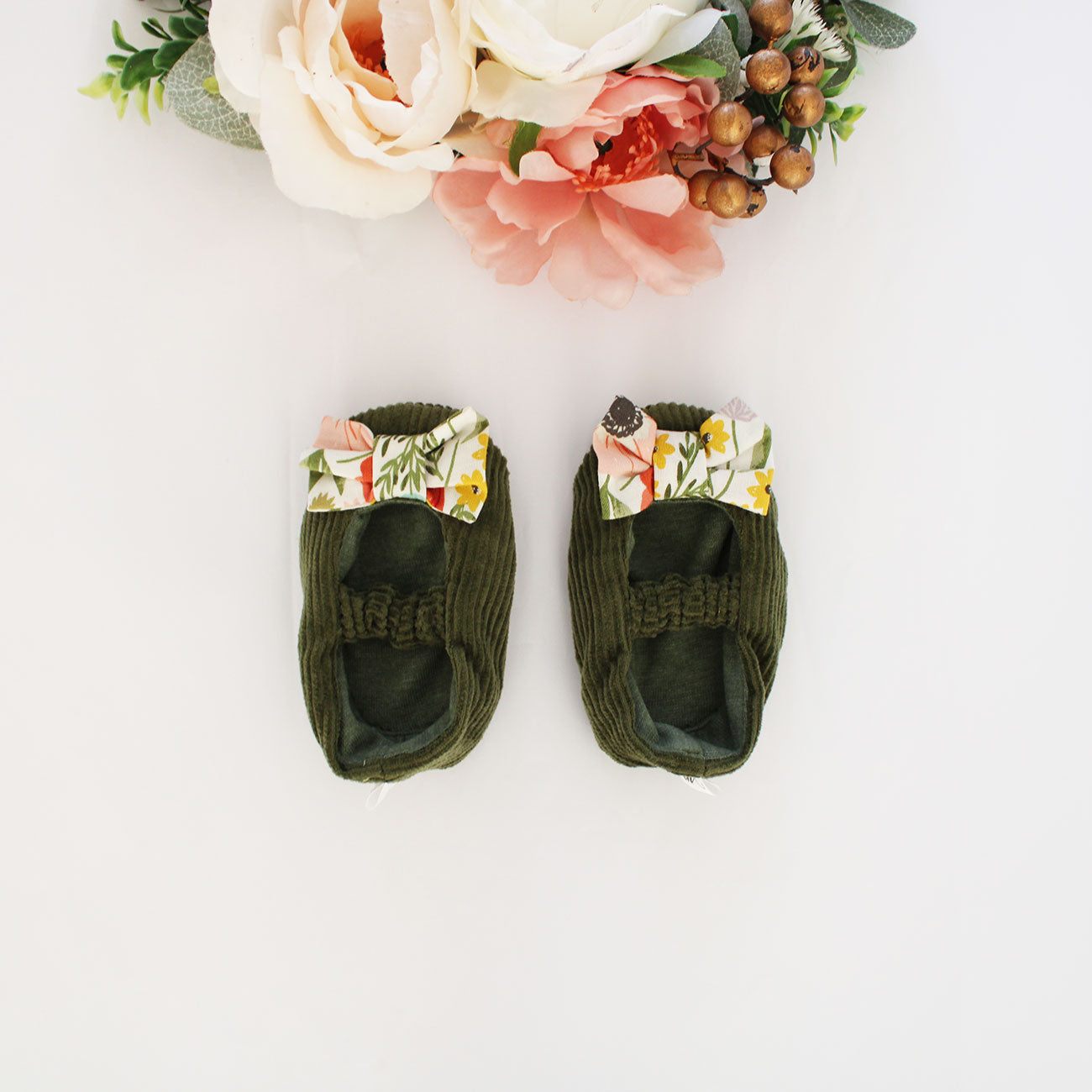 Soft Sole Shoes with bow - Basil Green Corduroy/Poppies Bow