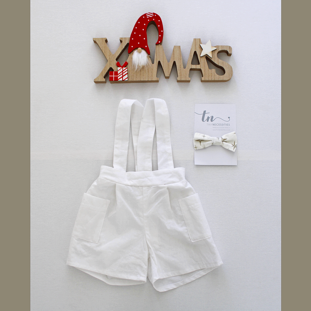 White Suspender shorts (bow tie + onesie sold separately)