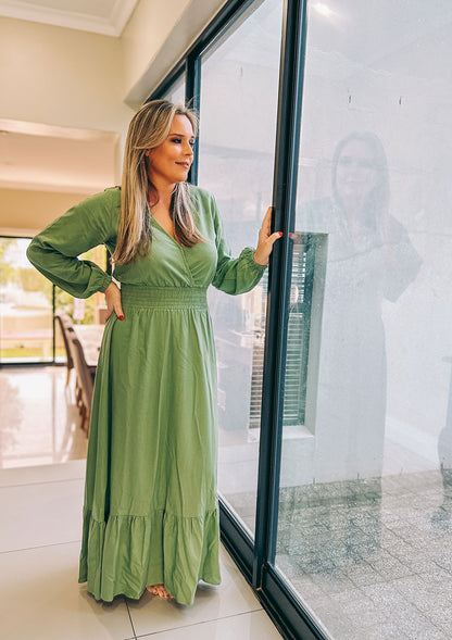 Womens Long Sleeve Maxi Tier Dress - Olive Green