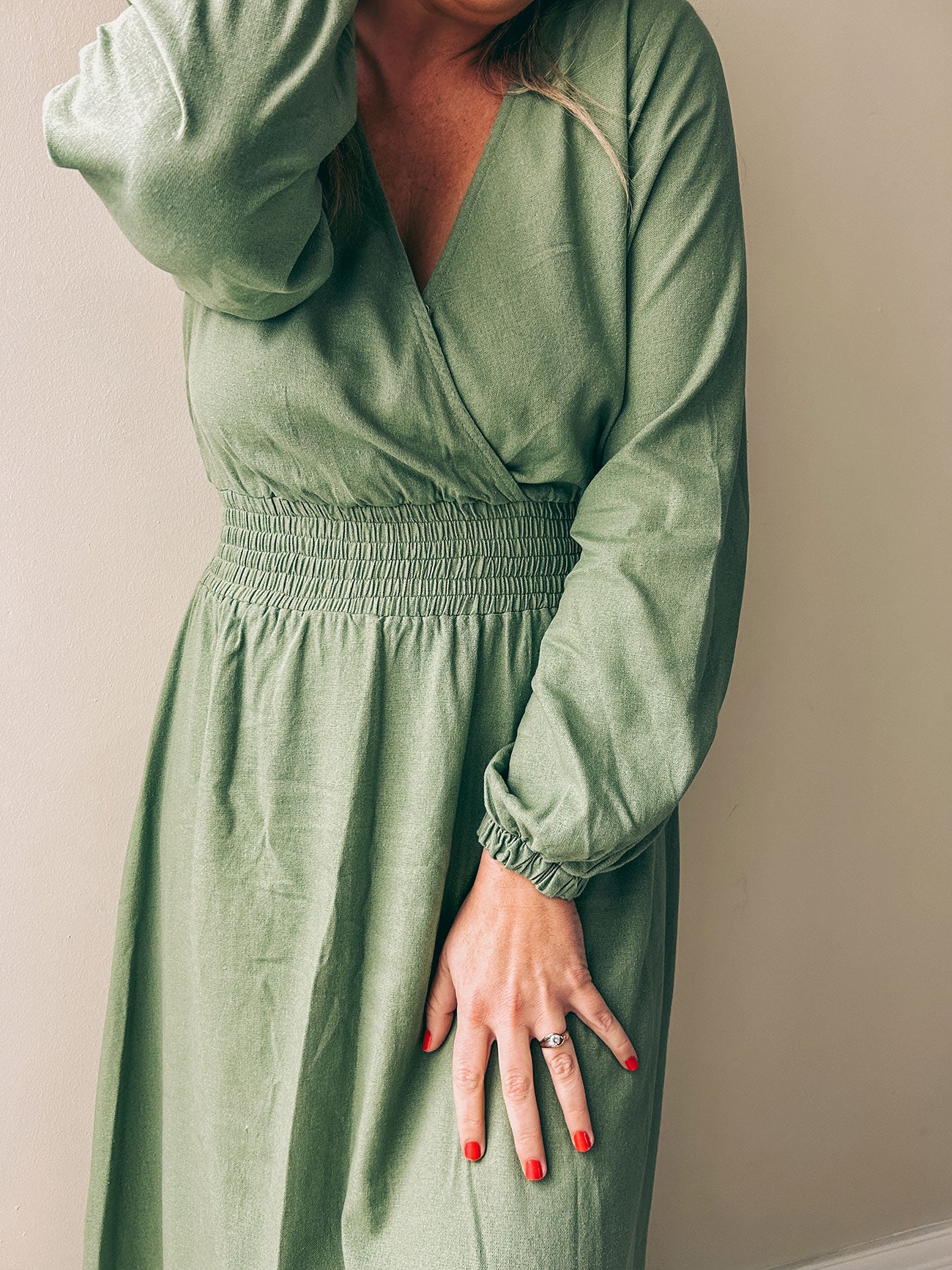 Womens Long Sleeve Maxi Tier Dress - Olive Green