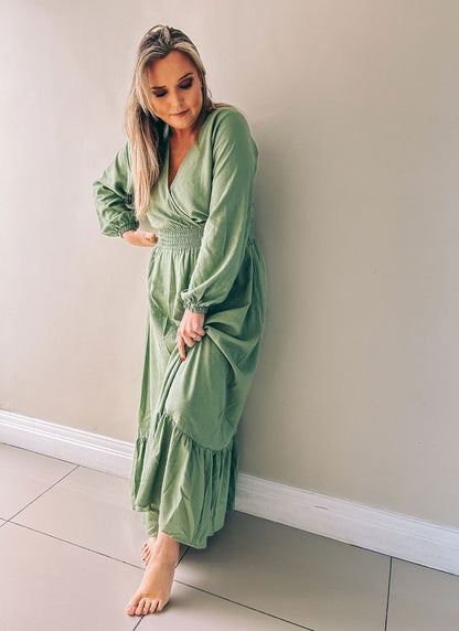 Womens Long Sleeve Maxi Tier Dress - Olive Green