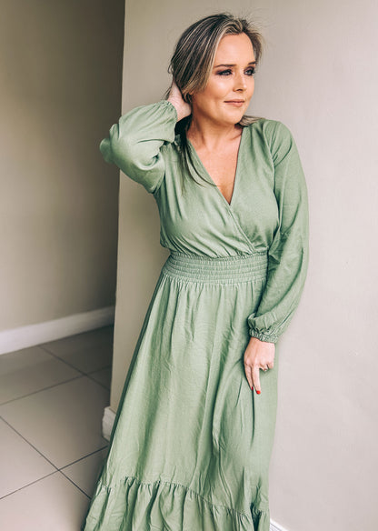 Womens Long Sleeve Maxi Tier Dress - Olive Green